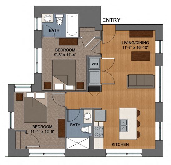 Floor plan for 2 beds, 1 bath, 740 sqft